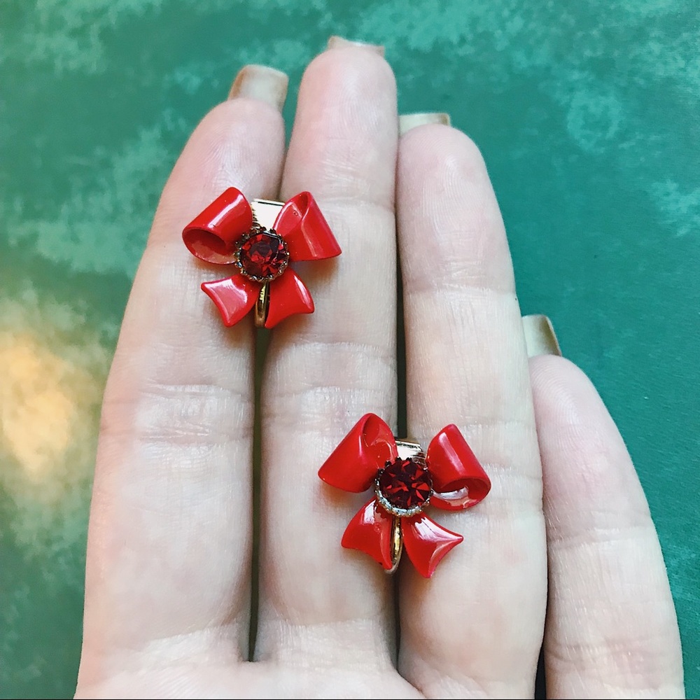 Vintage Red Christmas Bow Rhinestone Earrings